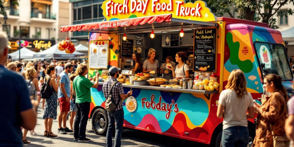 Colorful food truck with customers enjoying meals.