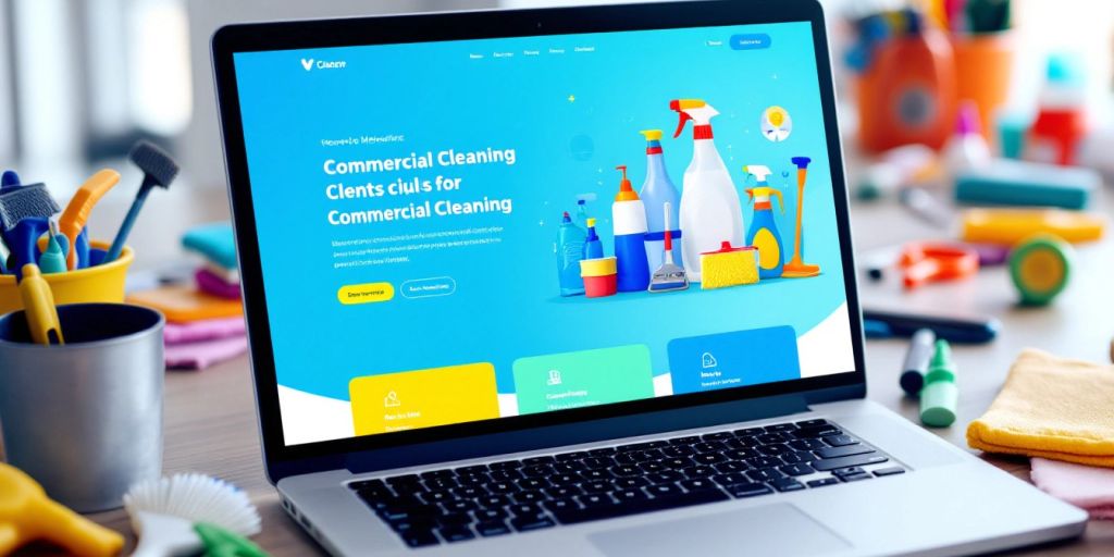 Modern website design with cleaning tools and equipment around.