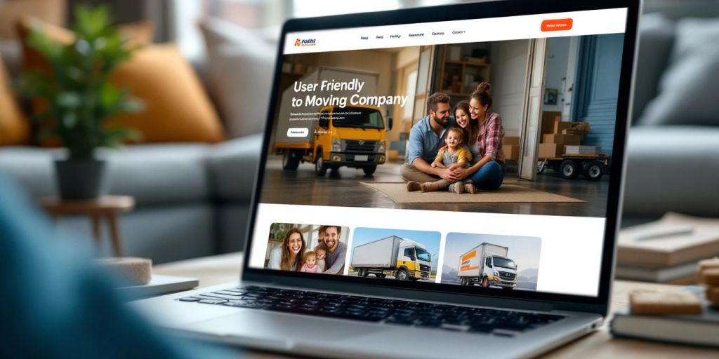 Laptop with a modern moving company website design.