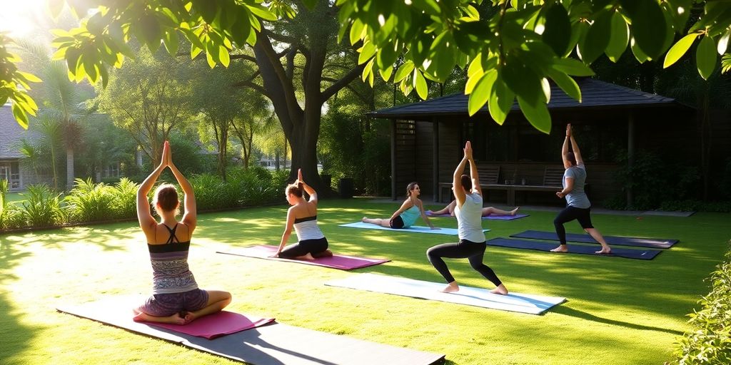 Yoga practitioners in a serene outdoor retreat setting.