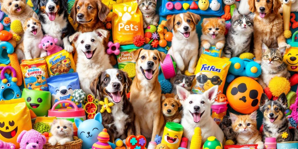 Collage of pet supplies with dogs and cats.