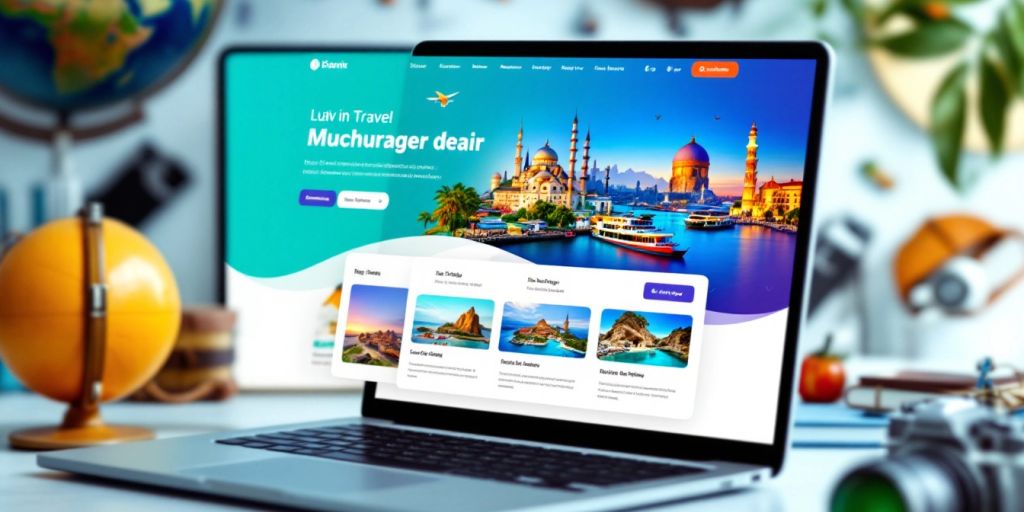 Laptop showing a travel agency website design.