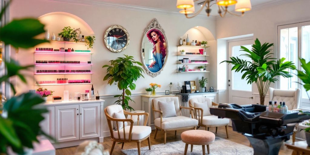 Interior of a colorful and stylish nail salon.