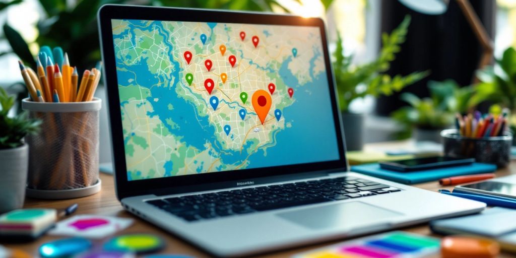 Laptop displaying local map with design tools around.