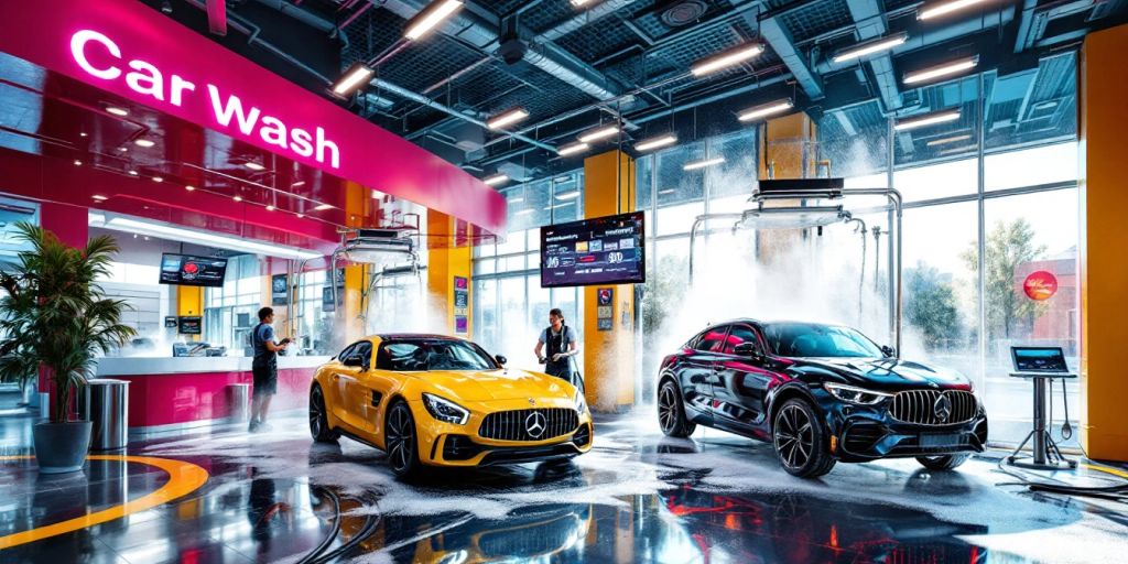 Modern car wash with shiny cars and bright colors.