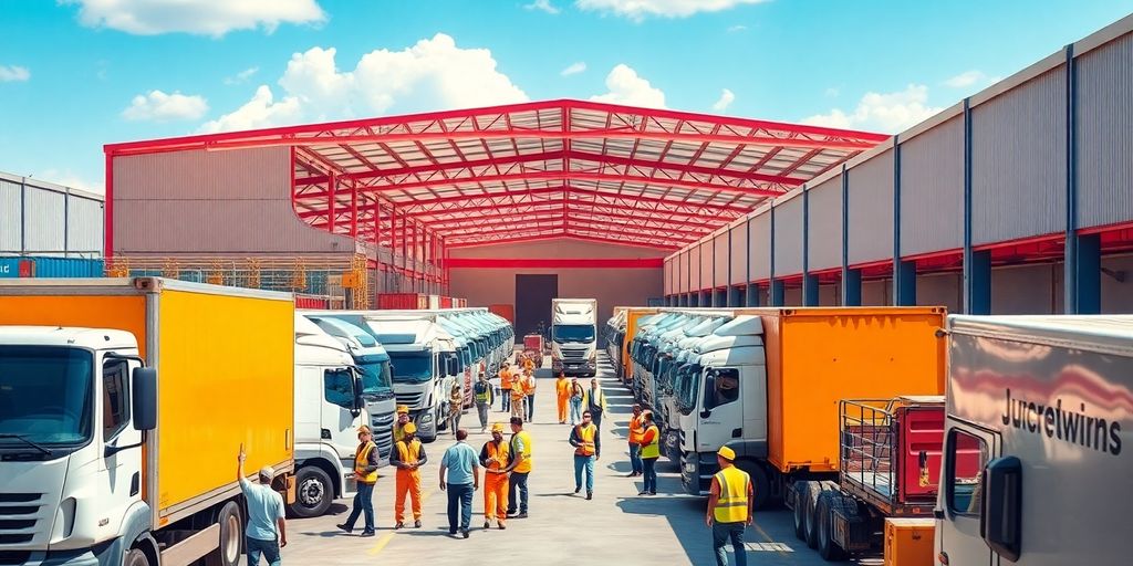 Busy logistics warehouse with trucks and workers in action.