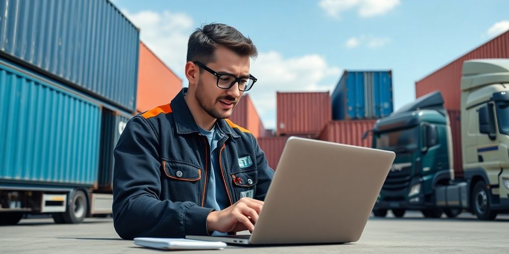 Logistics professional using social media at a shipping site.