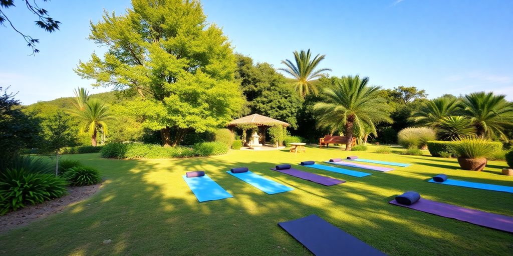 Yoga retreat center surrounded by lush greenery and yoga mats.