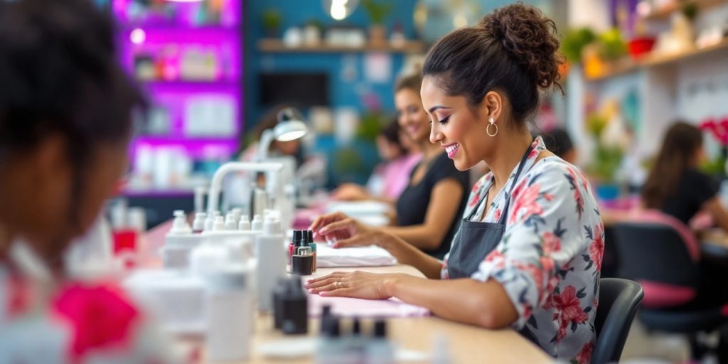 Nail salon with happy customers receiving manicures and pedicures.