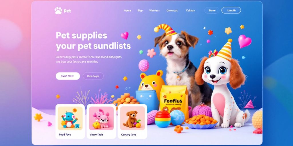 Colorful pet supplies on an e-commerce website interface.