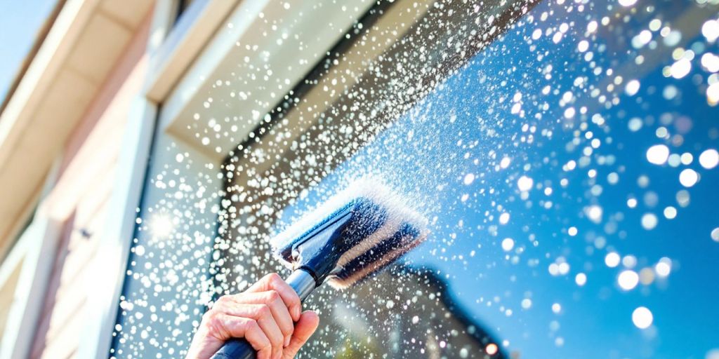 Photograph of a sparkling clean window with blue skies.