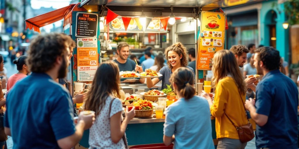 Food truck with happy customers enjoying their meals.