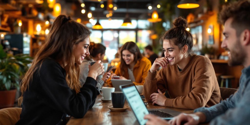 Coffee shop interior with patrons using laptops and phones.