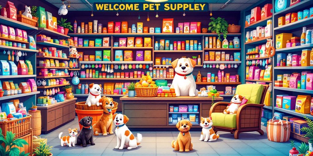 Colorful pet supply store with happy pets and products.