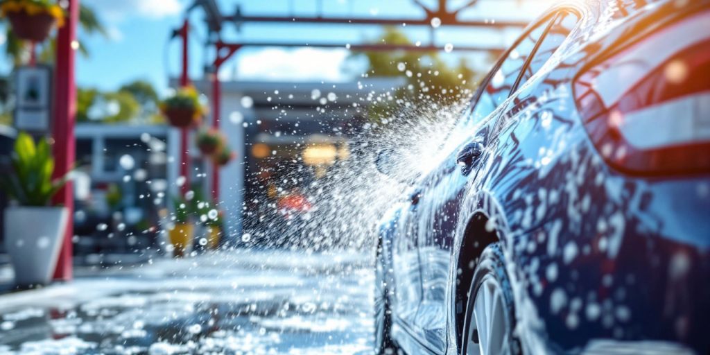 Car being washed with soap and water spray.