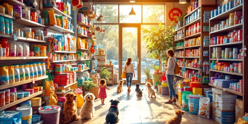 Colorful pet supply store with happy customers and pets.