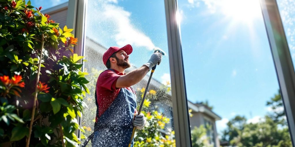 Window cleaner working on sparkling clean glass windows.