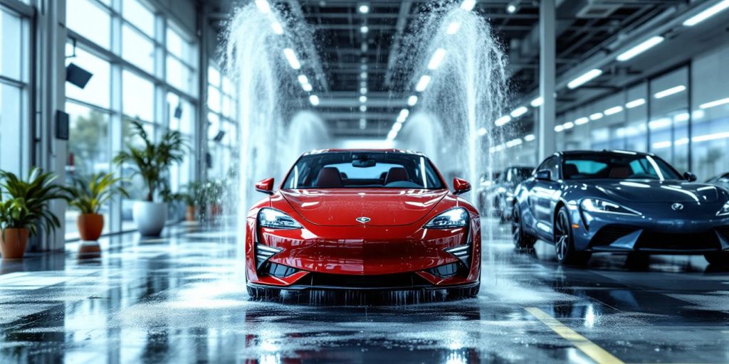 Modern car wash with shiny vehicles and clean water sprays.