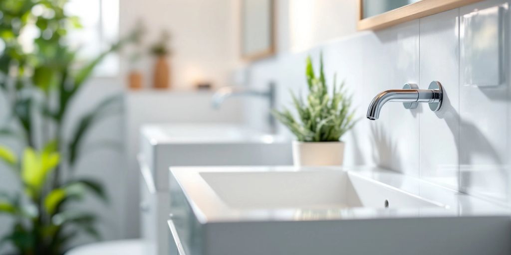 Modern bathroom with stylish plumbing fixtures and natural light.