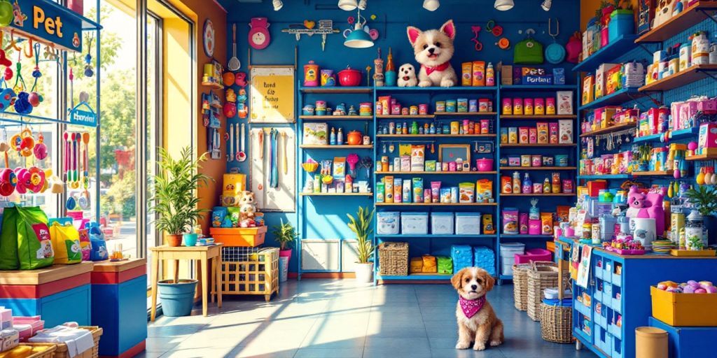 Colorful pet supply store with various pet products.