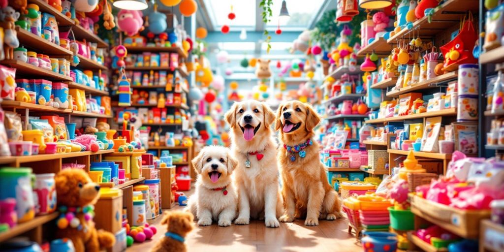 A colorful pet supply store with happy pets and owners.