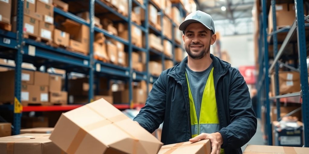 Logistics worker handling packages in a busy warehouse.