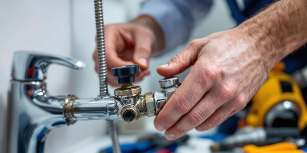 Plumber repairing pipes in a bathroom with tools.