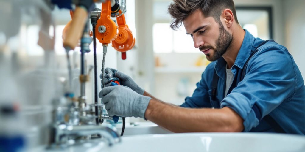 Plumber working with tools in a modern bathroom.