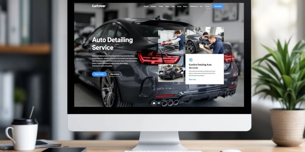 Modern auto detailing website design on a computer screen.