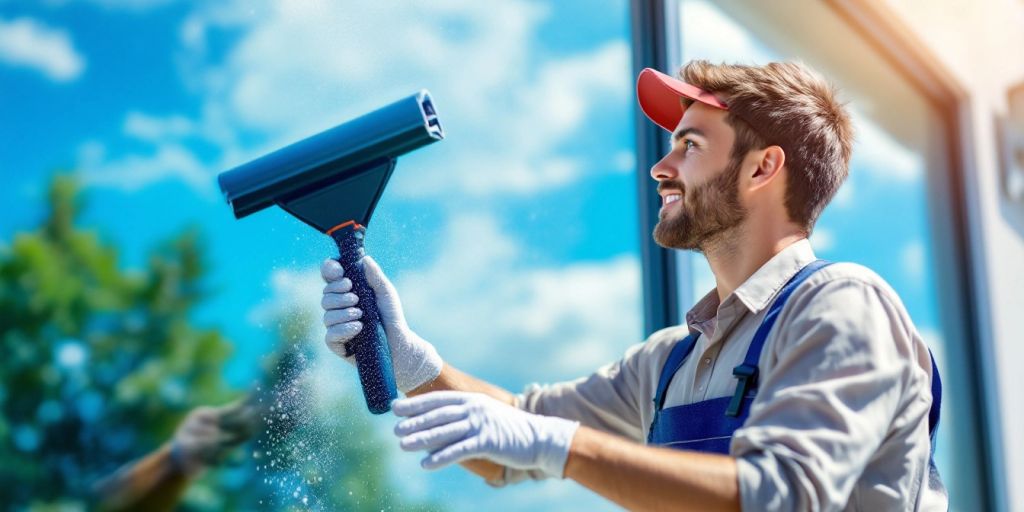 Professional window cleaner cleaning glass with a squeegee.