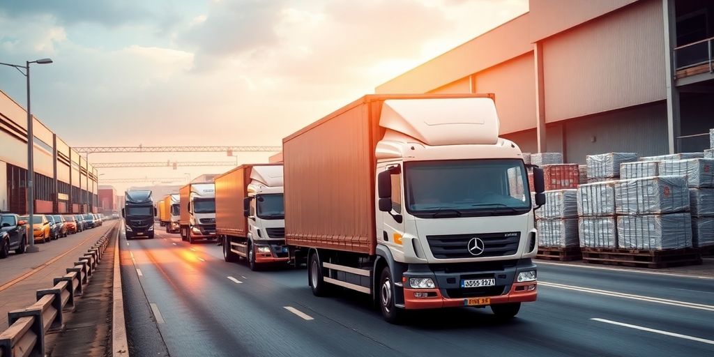 Logistics trucks on a busy road with warehouses.