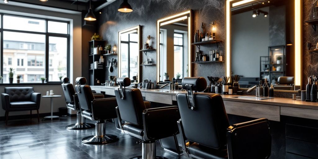 Modern barber shop interior with stylish decor and tools.