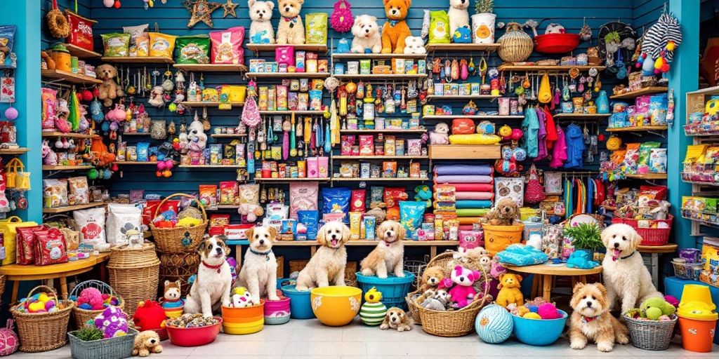 Colorful pet supplies arranged in a welcoming store display.