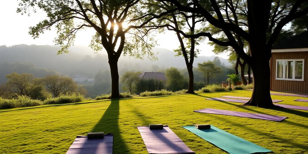 Yoga mats in a tranquil retreat setting surrounded by nature.