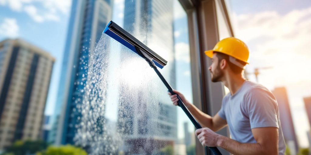 Window cleaner working on a building under sunny skies.