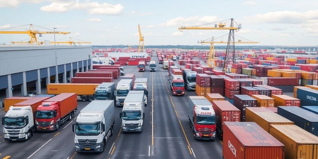 Logistics hub with trucks and warehouses in action.