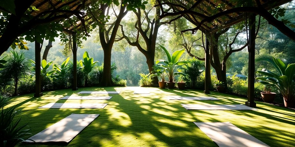 Yoga mats in a peaceful outdoor retreat setting.