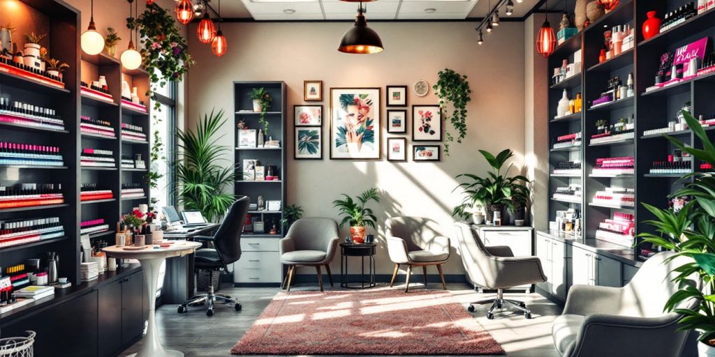 Bright and inviting nail salon interior with nail polish displays.