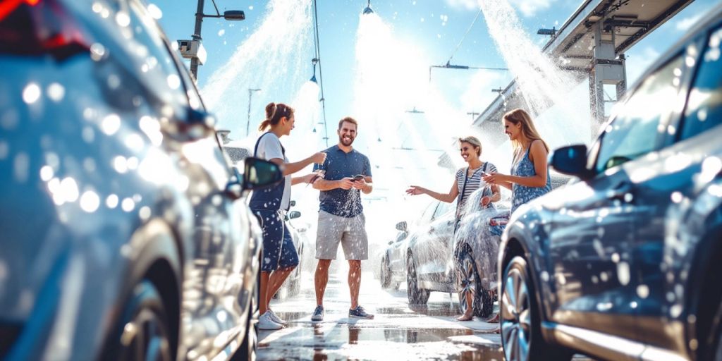 A sunny car wash with clean cars and happy customers.