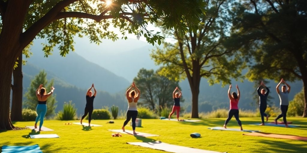 Yoga practitioners outdoors at a tranquil retreat in nature.