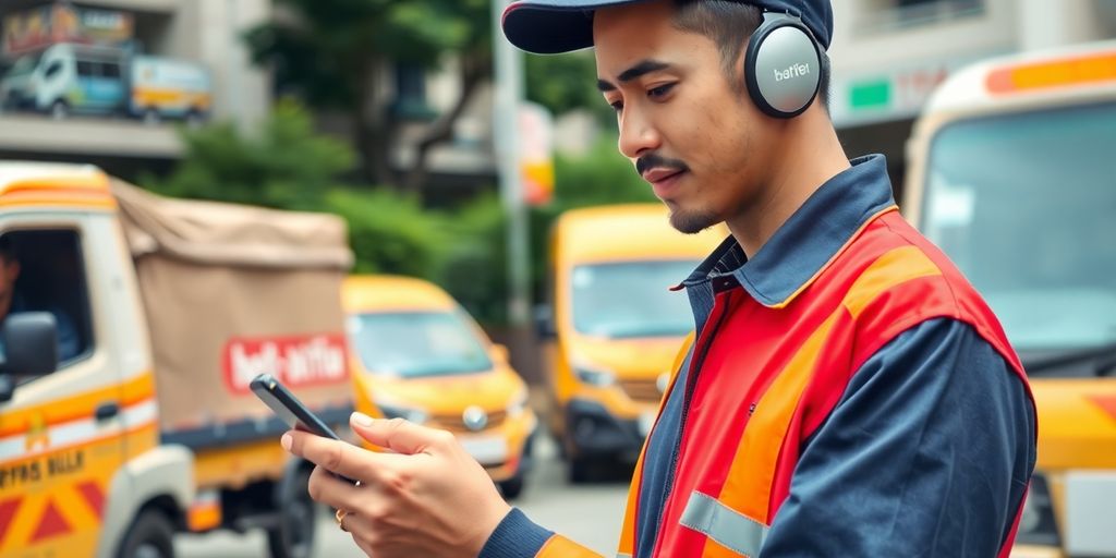 Logistics worker using smartphone among delivery vehicles outdoors.