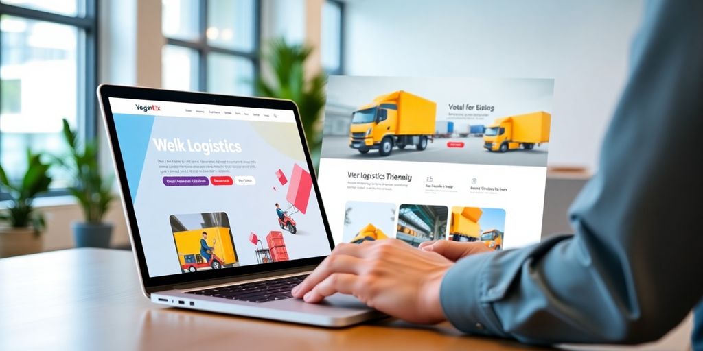 Web designer creating a logistics website on a laptop.