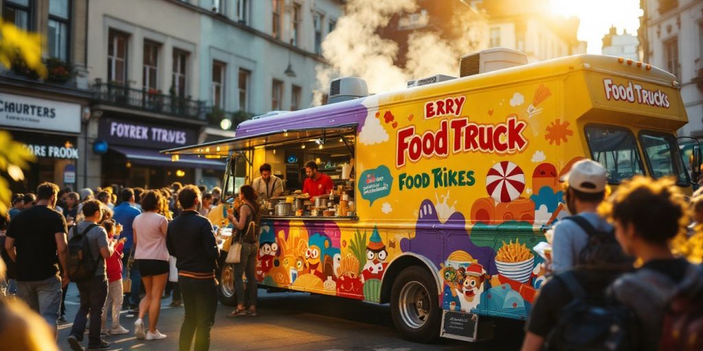 Colorful food truck on a busy city street.