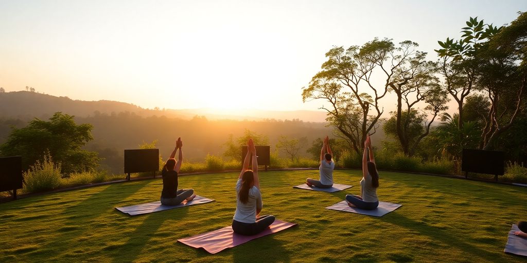 Outdoor yoga class at sunrise in a natural setting.