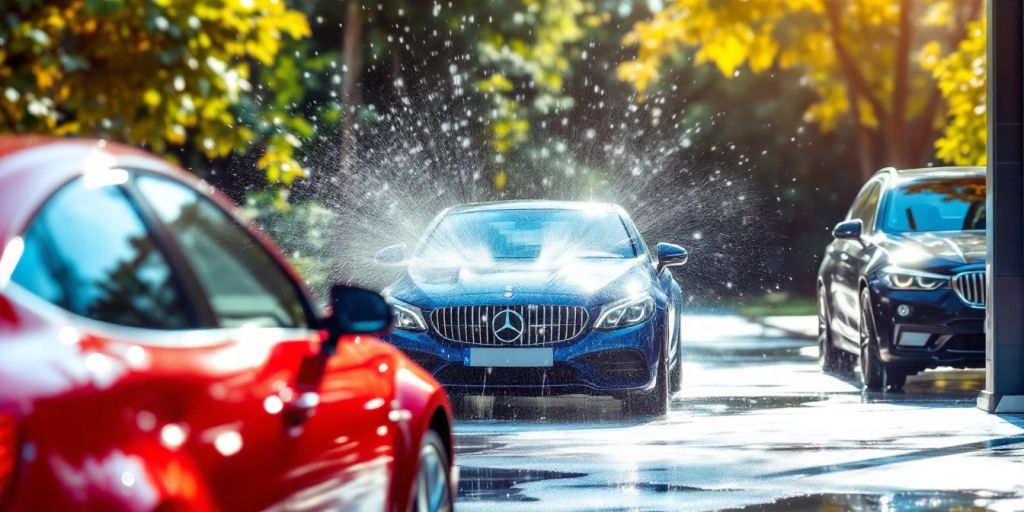 Car wash with shiny cars and water droplets.