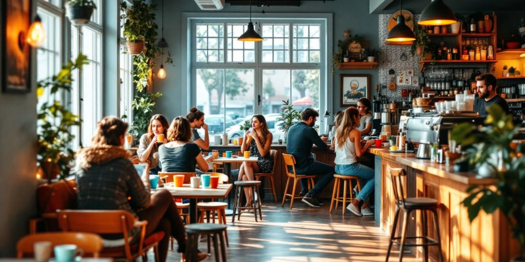 Cozy coffee shop with customers enjoying their drinks.