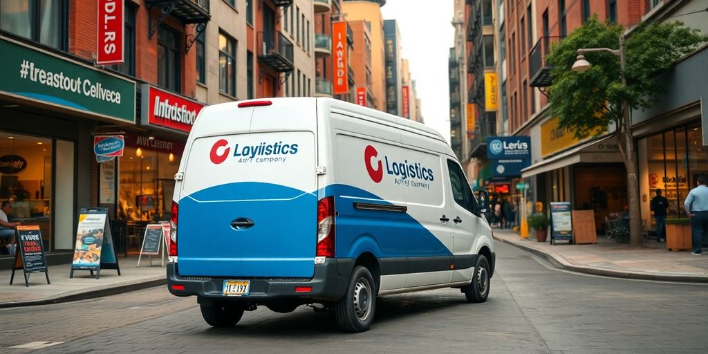 Logistics vehicle in urban area with local businesses.