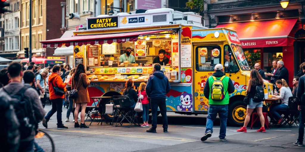 Colorful food truck with customers enjoying street food.