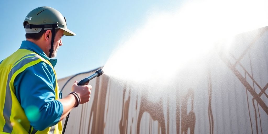 Worker cleaning a surface with a power washer.