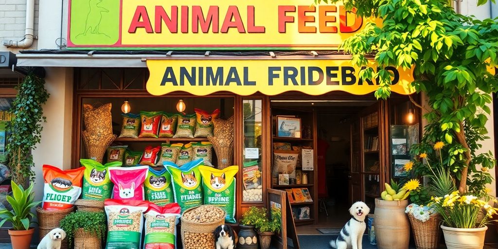 Colorful animal feed store with pets and greenery outside.